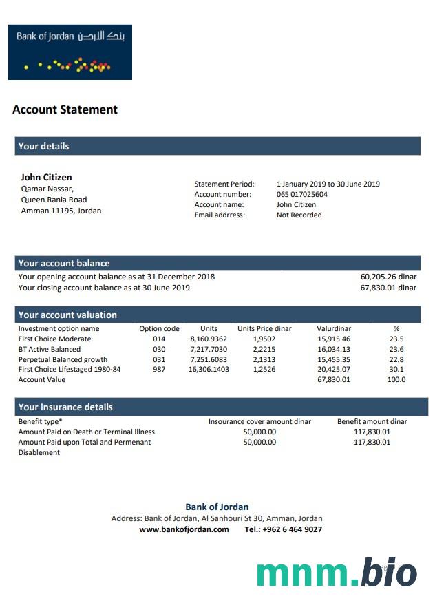 Jordan Bank of Jordan wyciąg bankowy łatwy do wypełnienia szablon .xls i .format pliku pdf